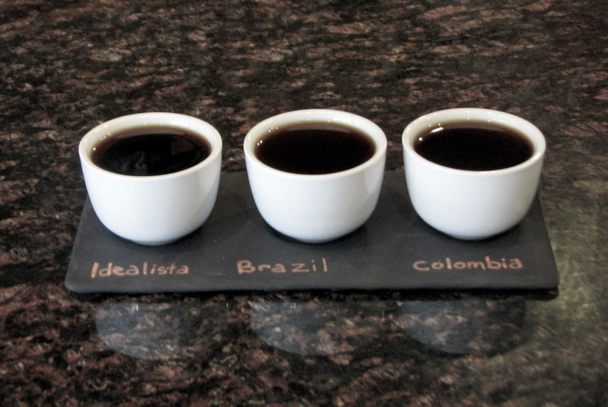 A coffee flight laid out at Qualia Coffee in Washington, DC.