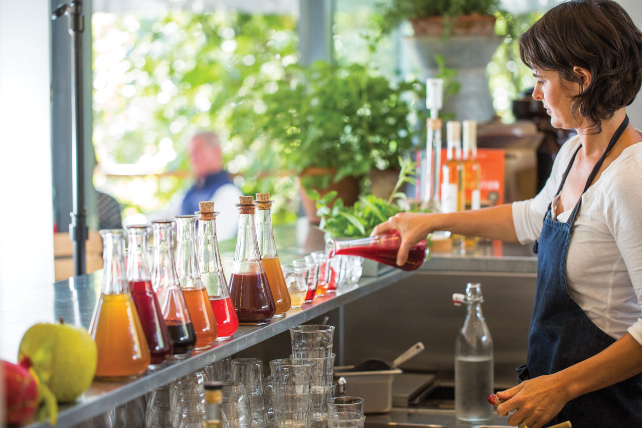 Above: Shrub's being prepared at Shed in Healdsburg, California. Top: prepared fermented drinks at Shed. (Both photos: Eric Wolfinger.)